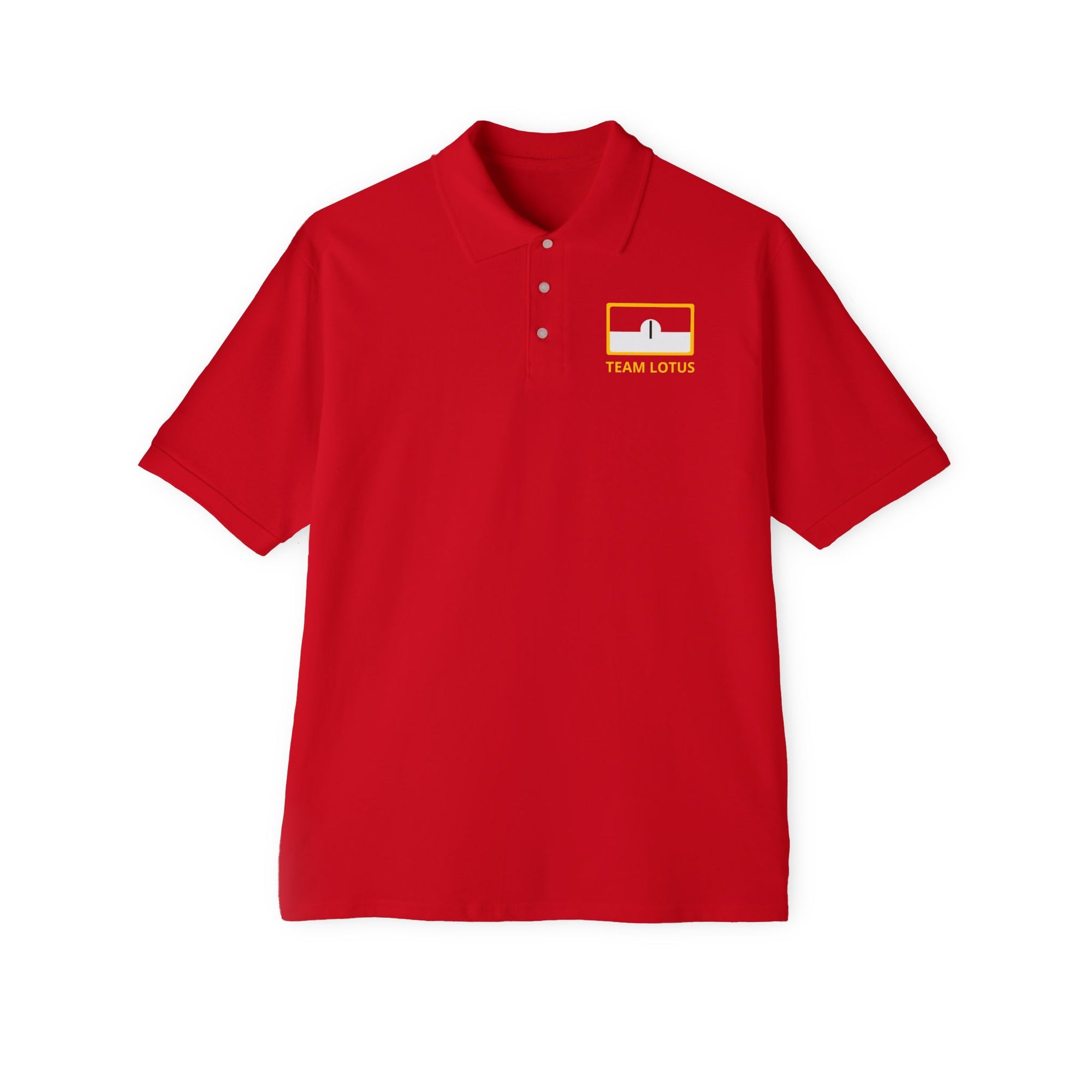 1: Hill Team Lotus 49B Men's Piqué Polo red front close up pic