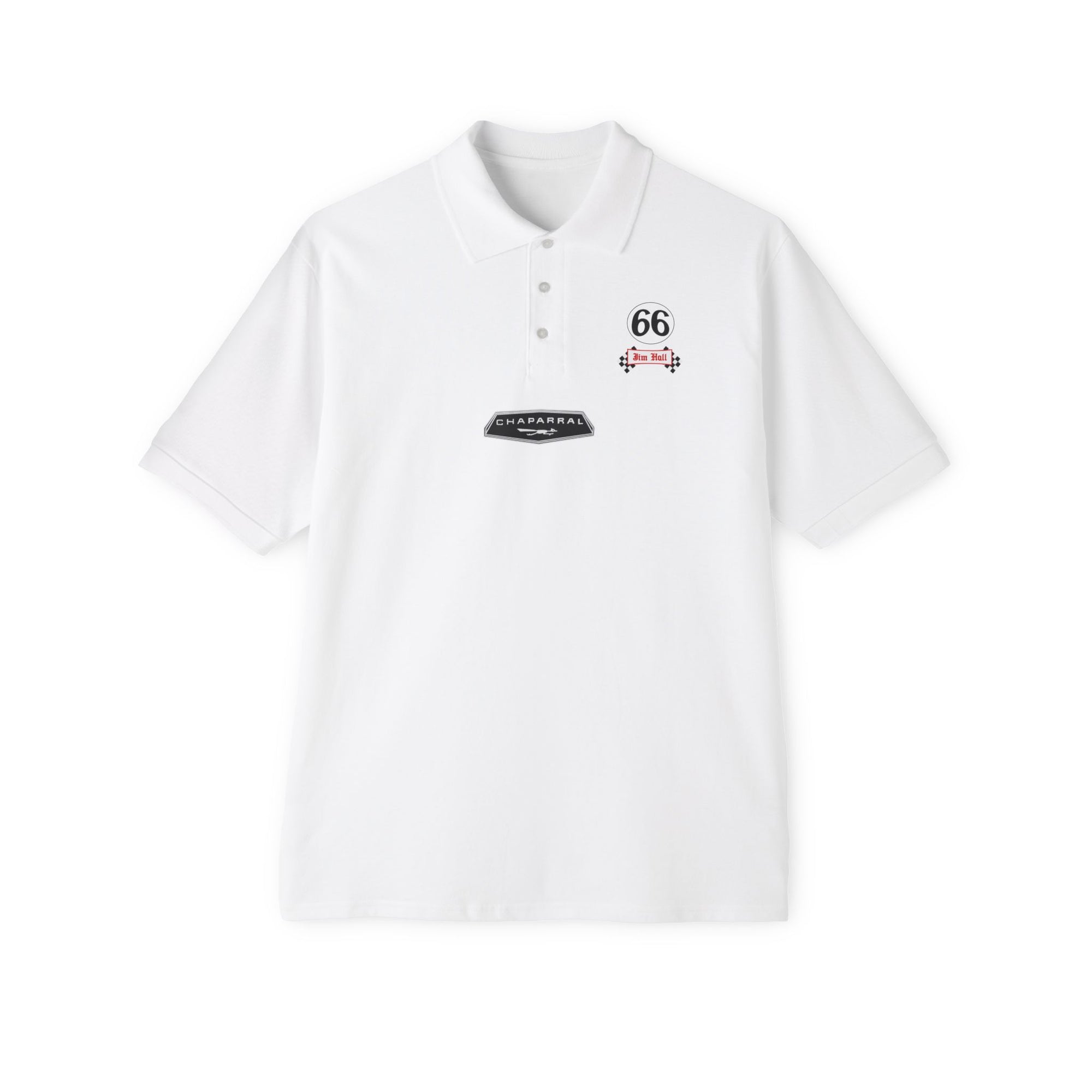 66: Chaparral Jim Hall Mens Pique Polo shirt white front close up