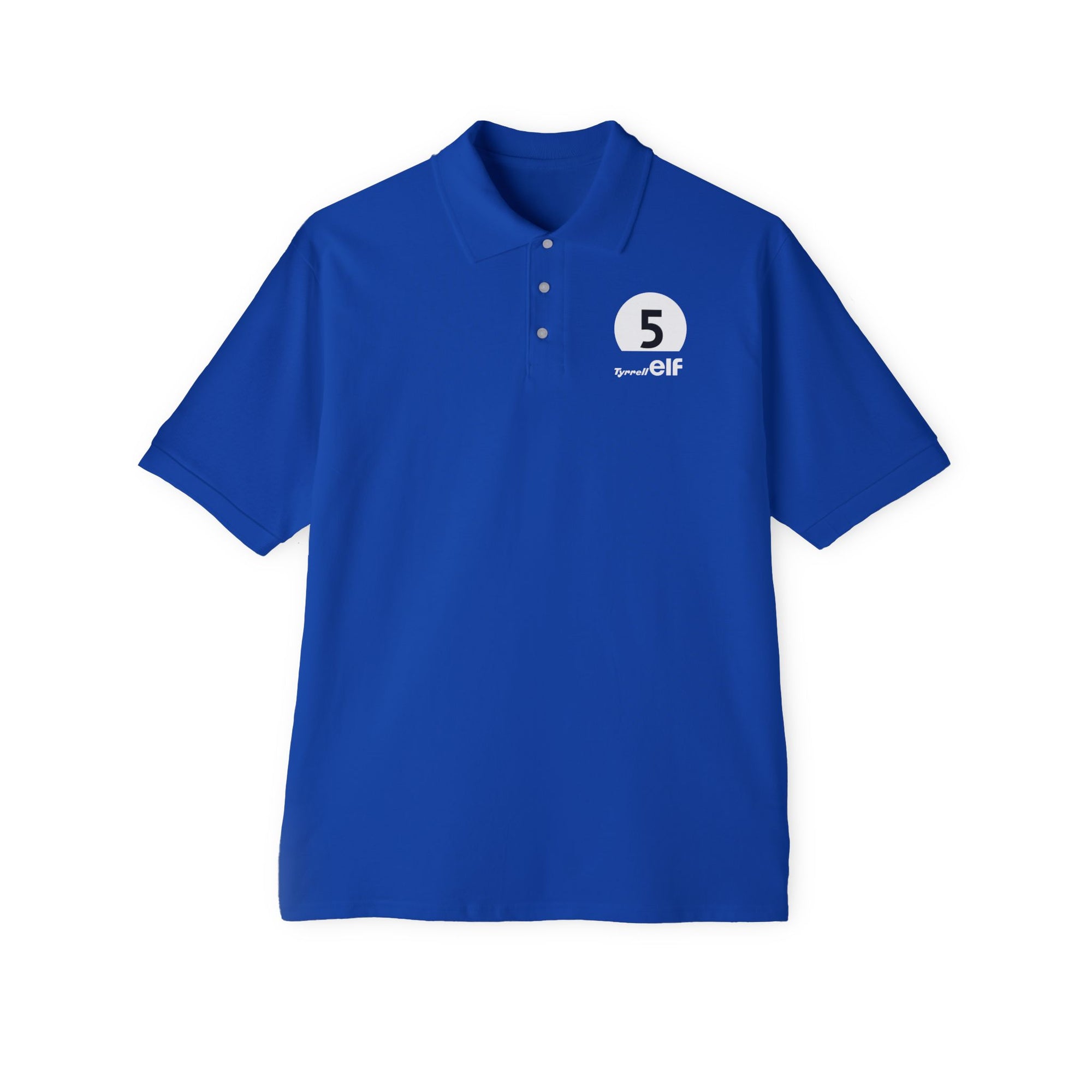 5: Elf Tyrrell Ford Racing Jackie Stewart Men's Piqué Polo royal blue front flat