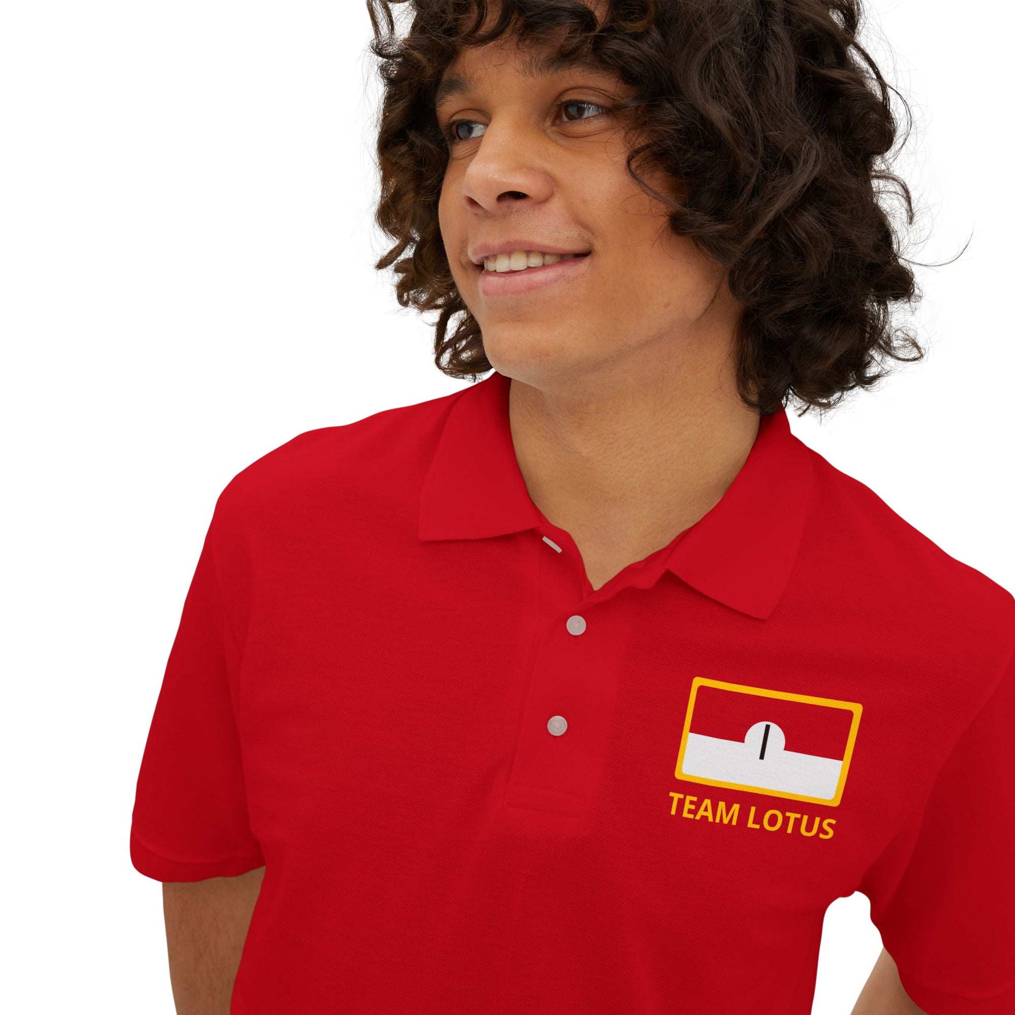1: Hill Team Lotus 49B Men's Piqué Polo red front close up pic