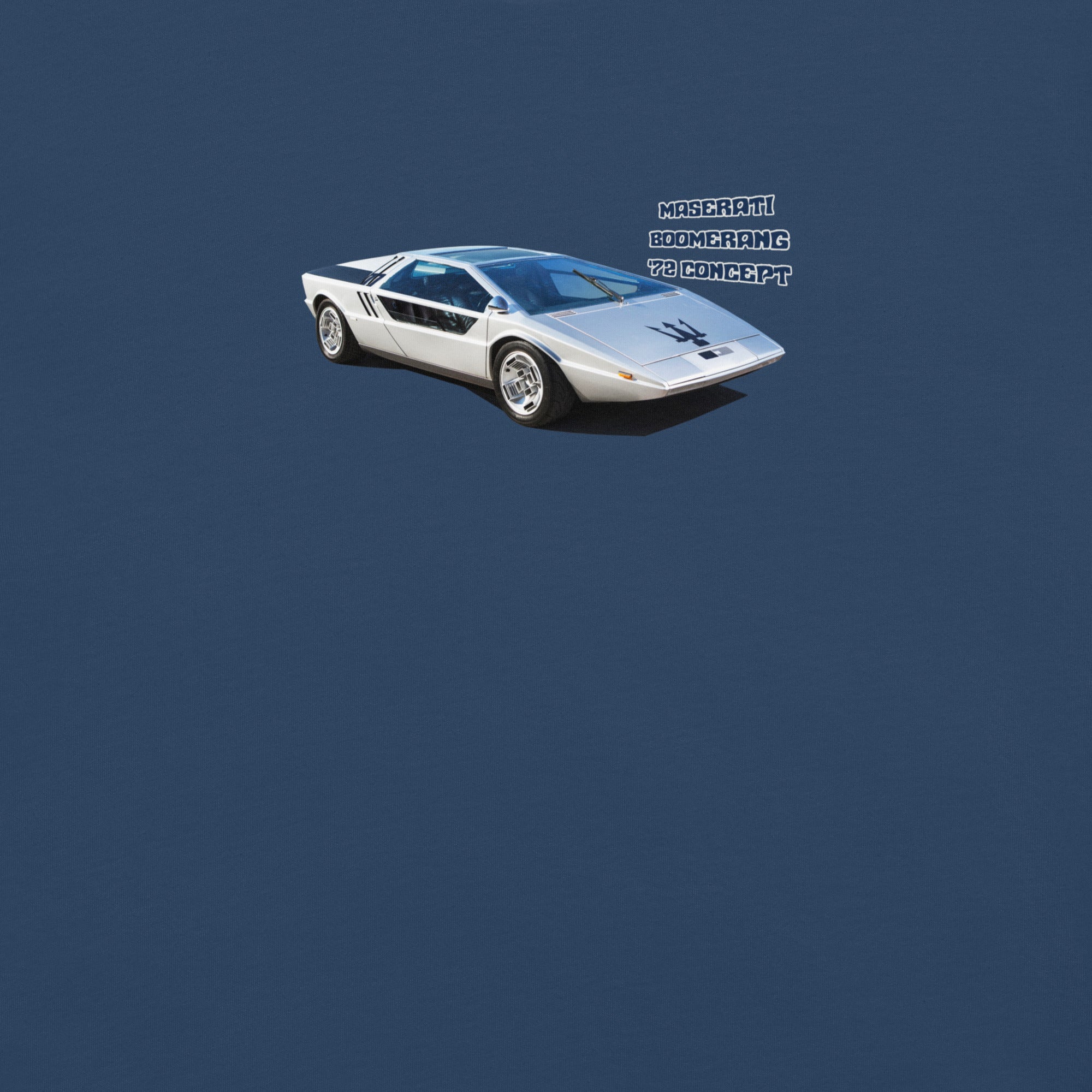 1972 Maserati Boomerang concept car tshirt navy front close up