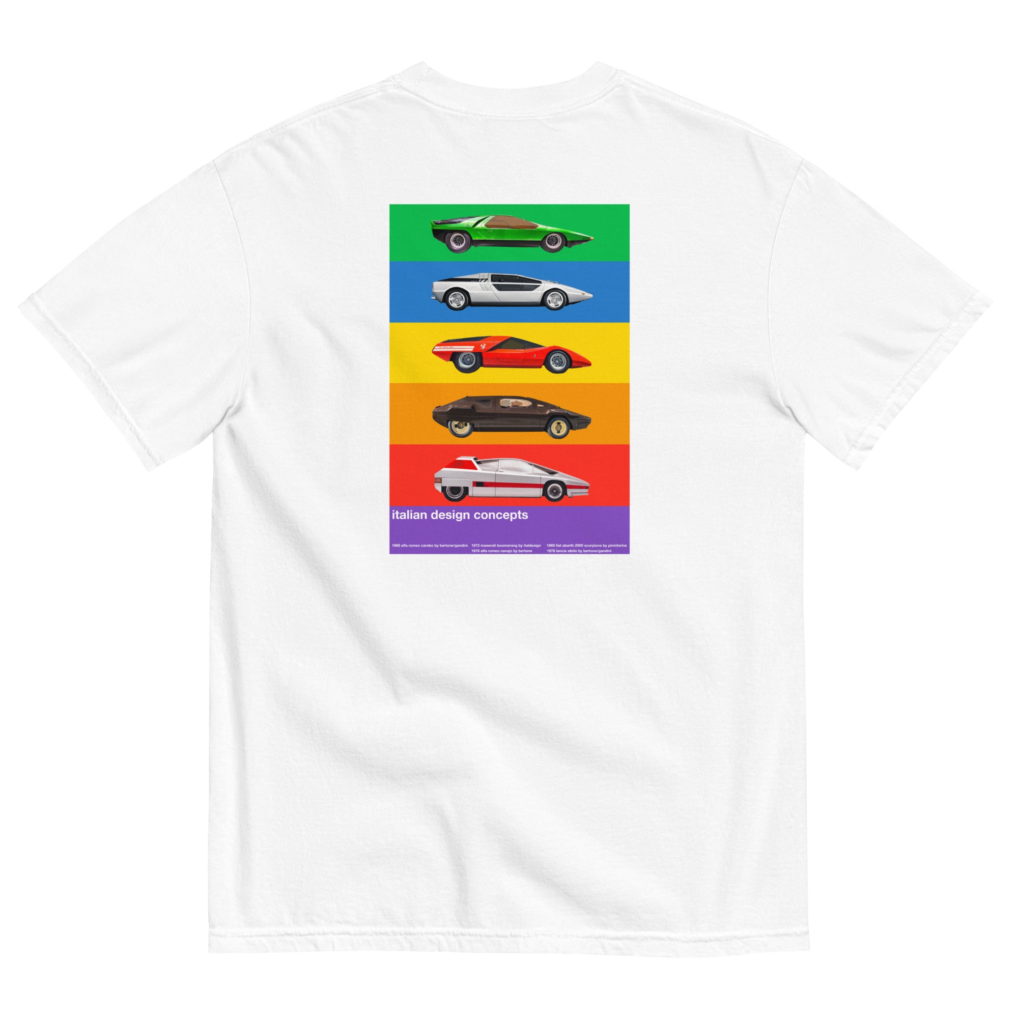 Italian design concept cars alfa carabo maserati fiart abarth lancia sibilo navajo boomerang white tshirt rear flat