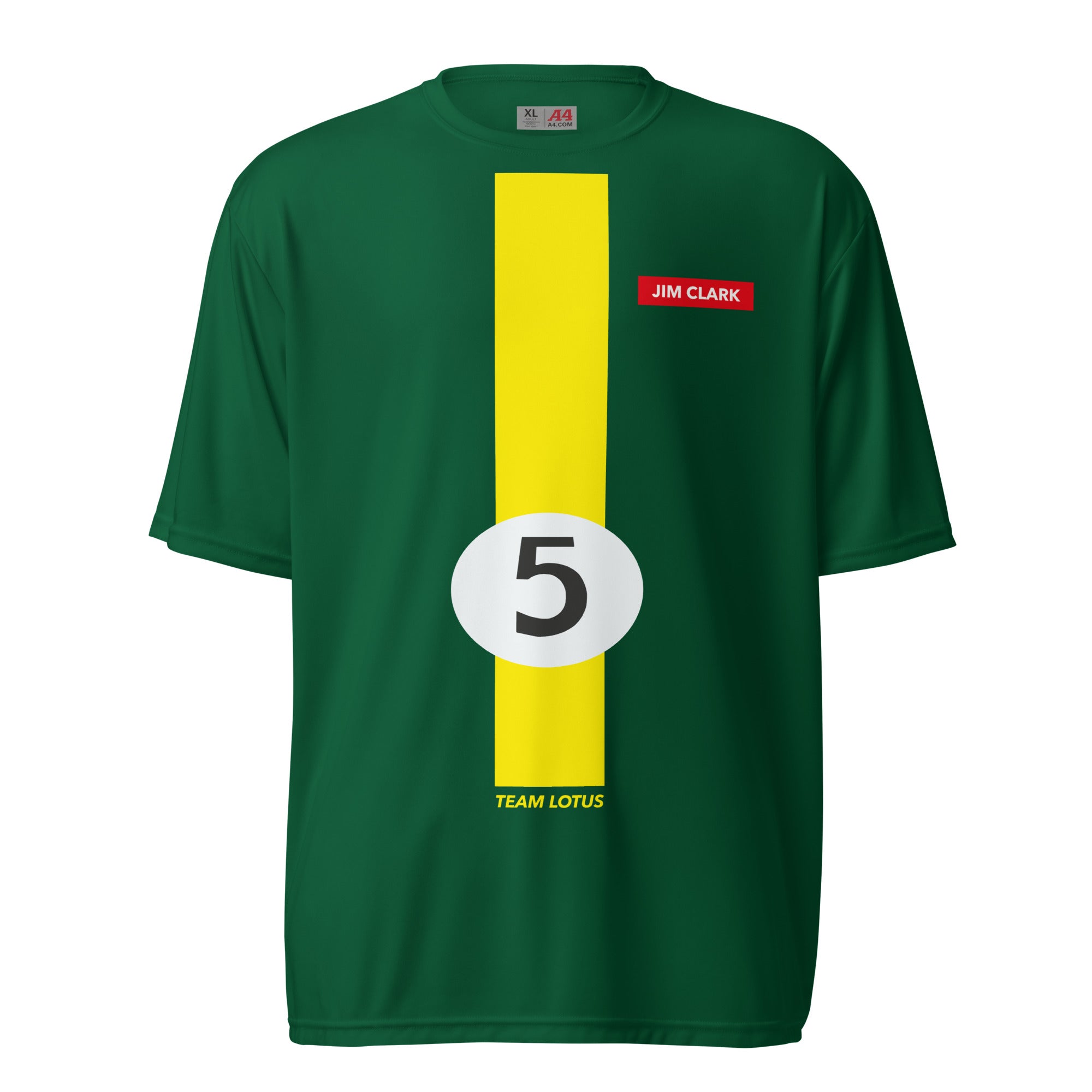 5: Jim Clark Team Lotus F1 Unisex Sports T-Shirt Forest Green Yellow stripe front flat