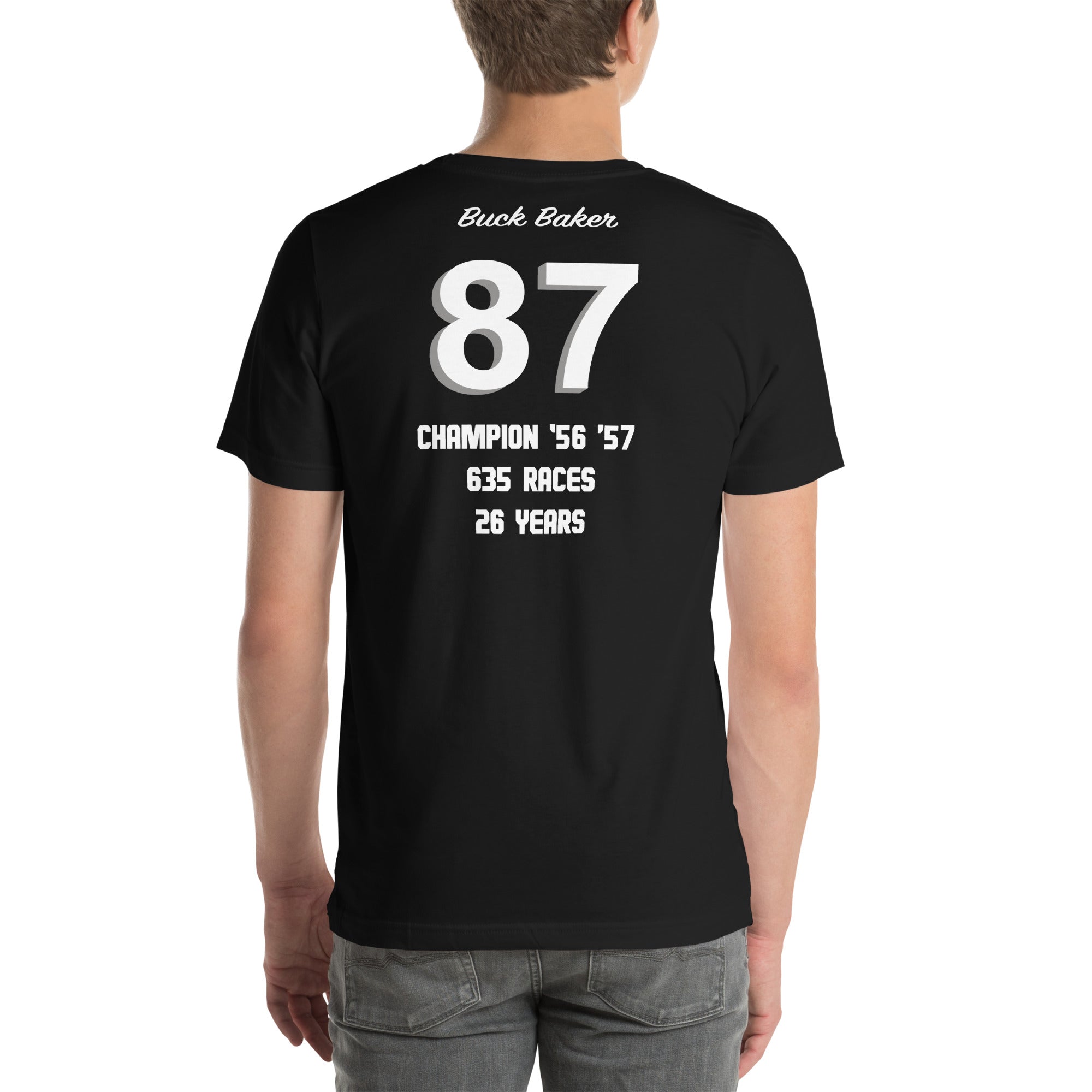 Buck Baker Chev black widow nascar legend black t shirt back