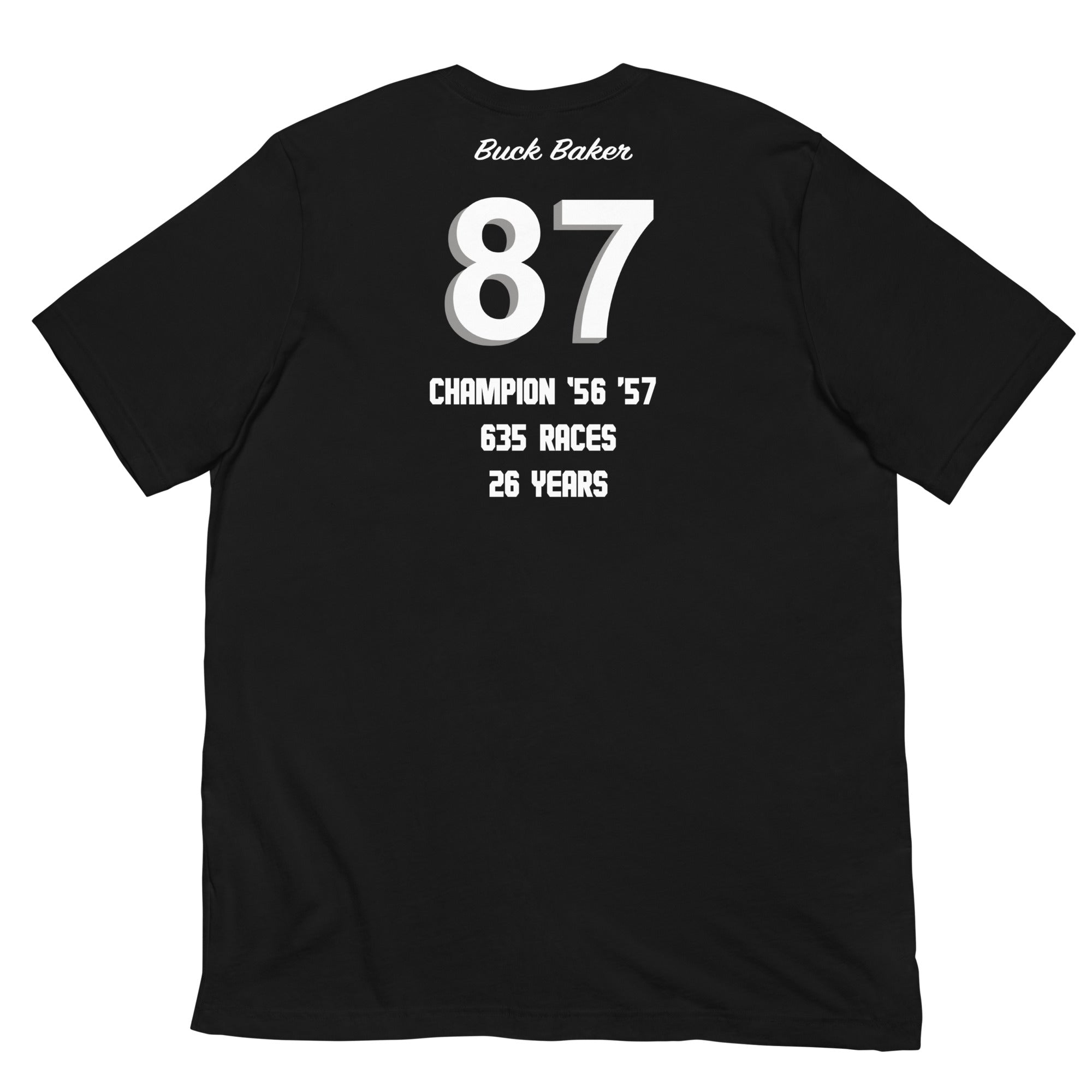 Buck Baker Chev black widow nascar legends black tshirt flat back