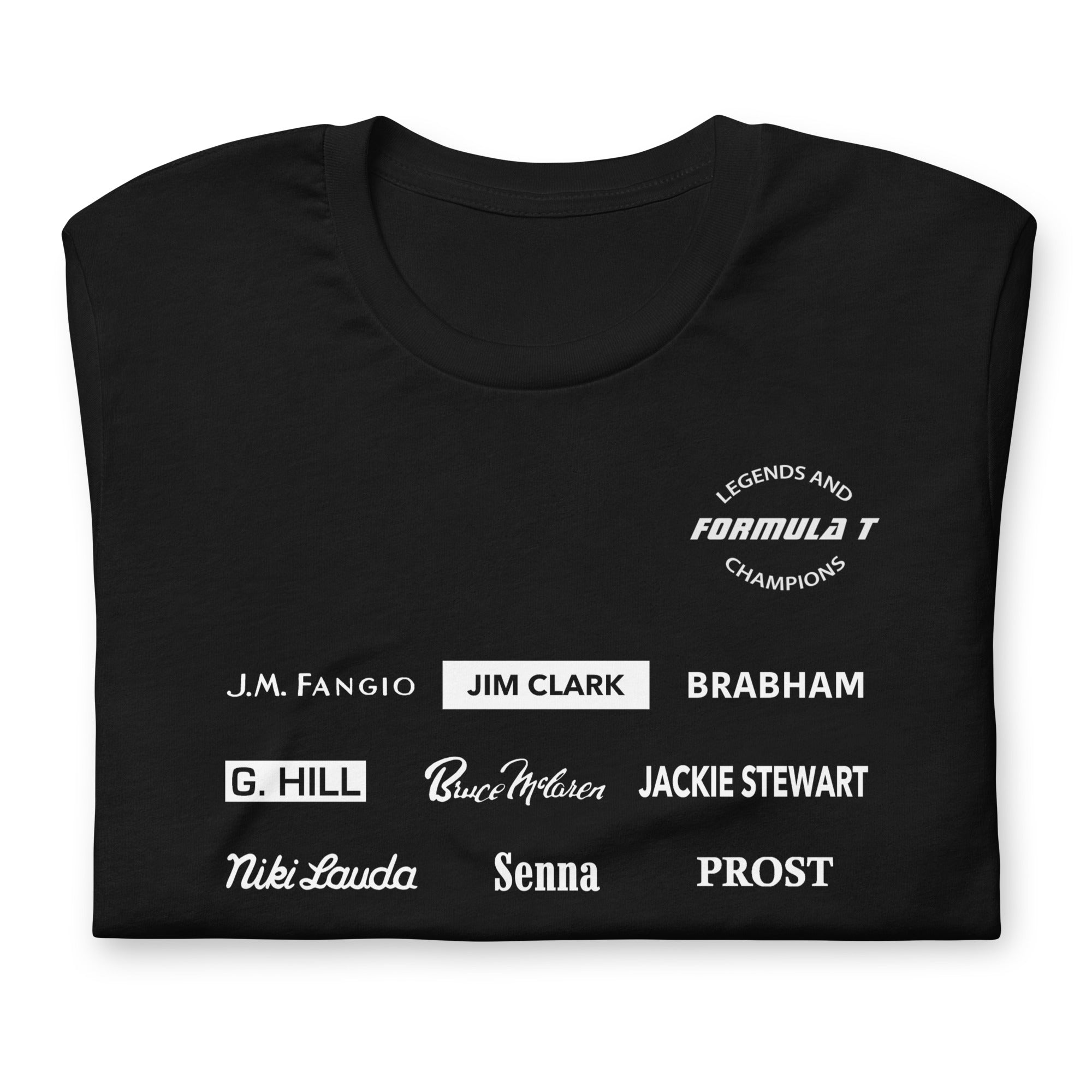 Fangio, Clark, Brabham, Hill, McLaren, Stewart, Lauda, Senna, Prost, Schumacher, Vettel, lewis hamilton designed black tshirt folded