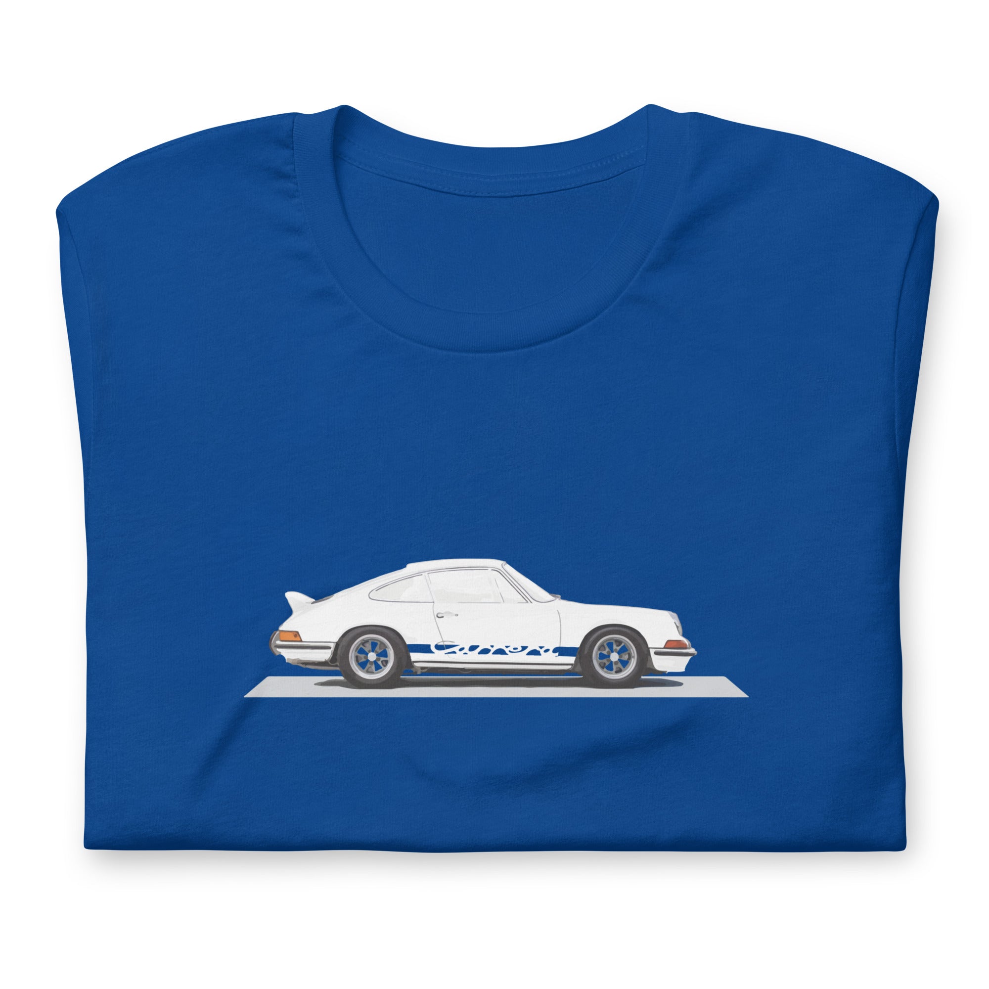 73: Porsche 911 Carrera RS 2.7 Unisex T-shirt blue flat folded