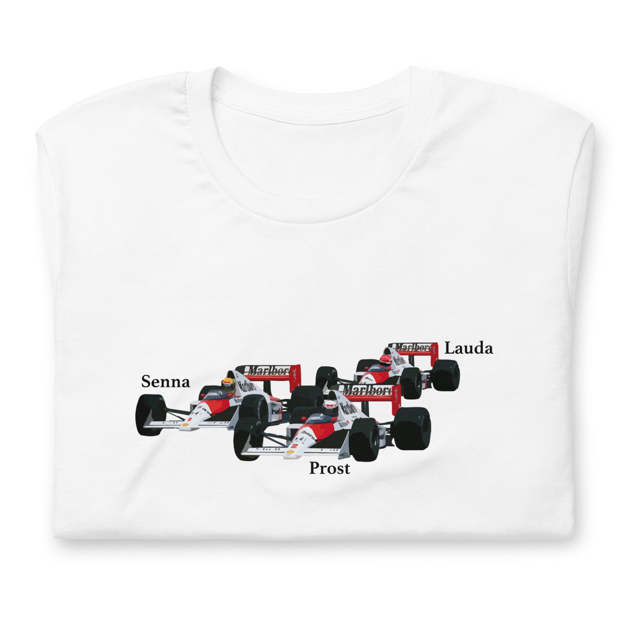 Senna Lauda Prost McLaren F1 legends white tshirt folded