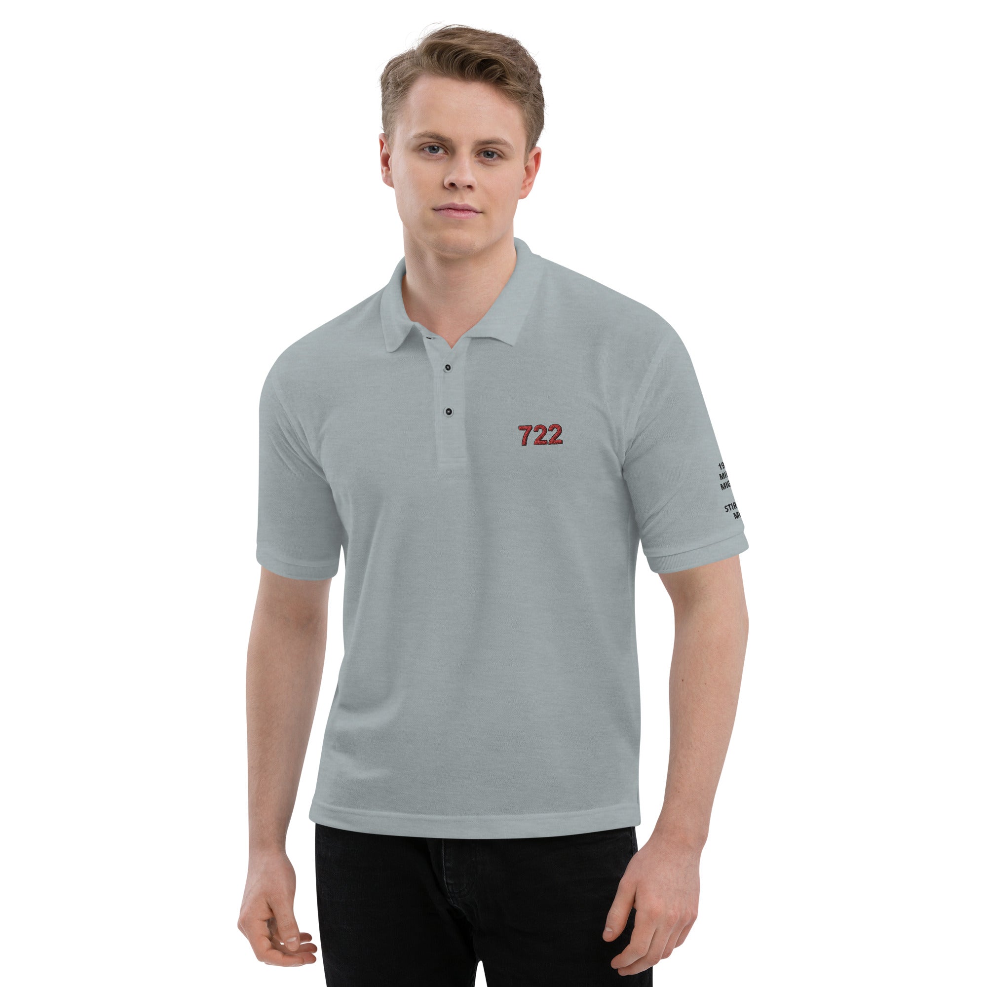722: Stirling Moss at Mille Miglia 1955 Mercedes SLR light grey polo shirt front full
