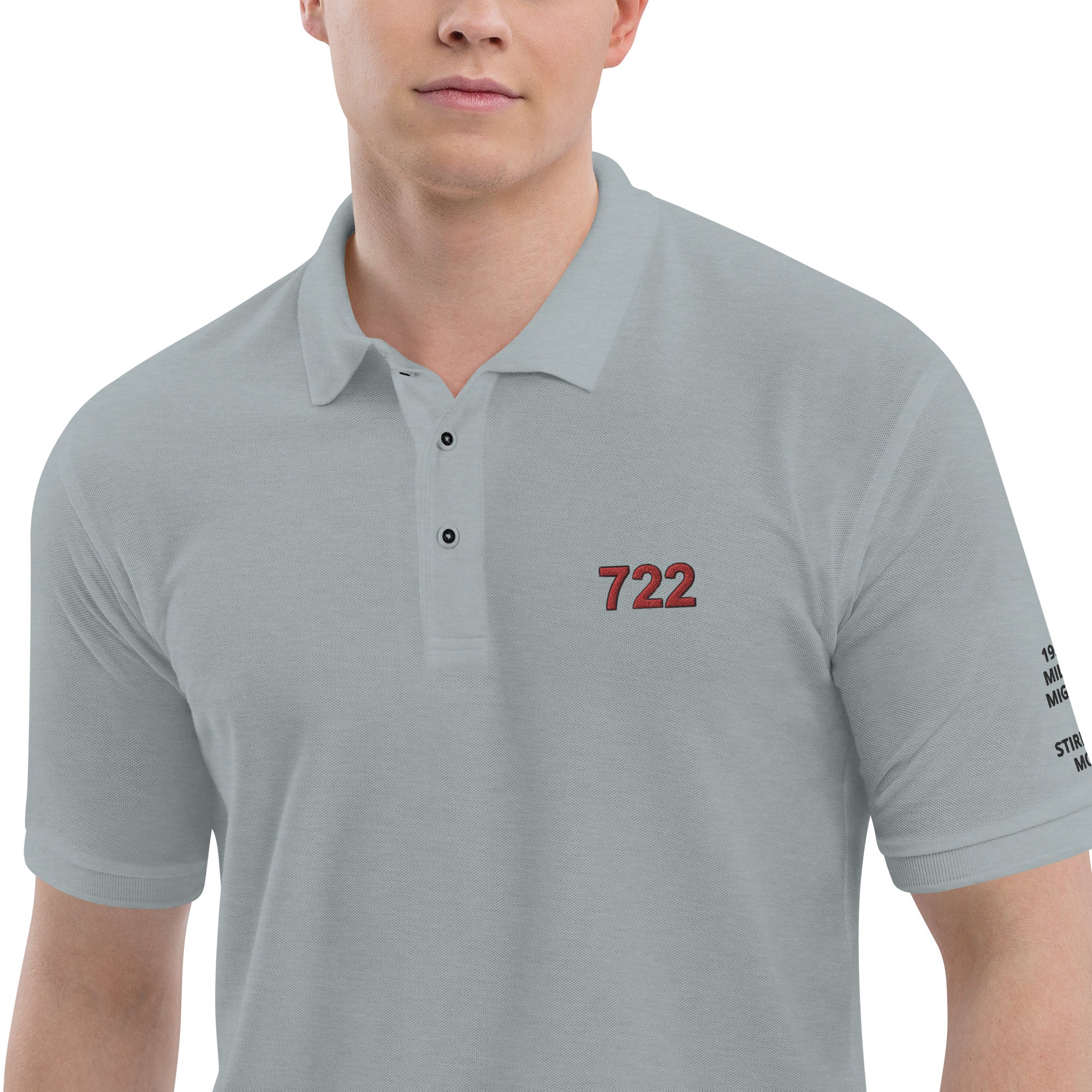 722: Stirling Moss at Mille Miglia 1955 Mercedes SLR light grey polo shirt front